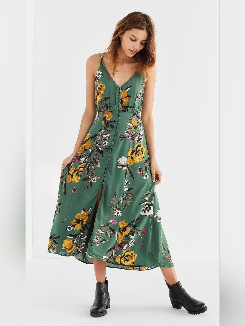 Urban Outfitters Lady Lava Green Floral Covered Button-Down Midi
Dress Size 0